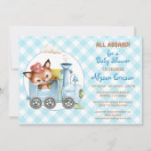 Fox en Train Gingham Blue Baby shower Kaart (Voorkant)