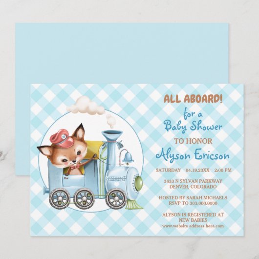 Fox en Train Gingham Blue Baby shower Kaart (Voorkant / Achterkant)