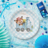 Fox en Train Gingham Blue Baby shower Papieren Bordje (Feest)