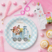 Fox en Train Gingham Blue Baby shower Papieren Bordje (Feest)