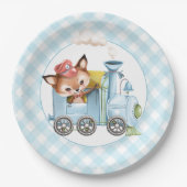 Fox en Train Gingham Blue Baby shower Papieren Bordje (Voorkant)