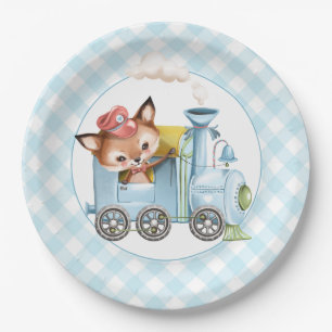 Fox en Train Gingham Blue Baby shower Papieren Bordje