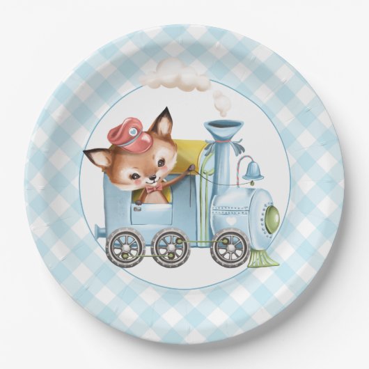 Fox en Train Gingham Blue Baby shower Papieren Bordje (Voorkant)