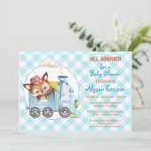 Fox et train En vichy Baby shower bleu Invitation (Debout devant)