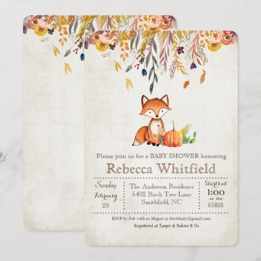 Fox Fall Leaves Pumpkin Baby shower Invitation Kaart (Voorkant / Achterkant)