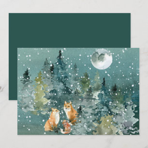 Fox Family Forest Full Moon Snowfall Waterverf Feestdagenkaart