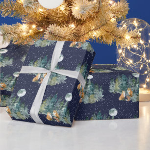 Fox Family Forest Volle Maan Sneeuwval Kerstmis Cadeaupapier