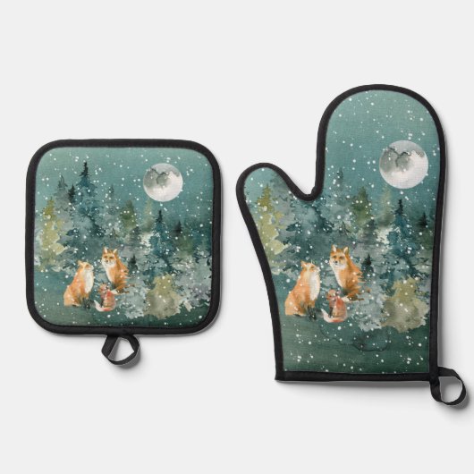 Fox Family Forest Volle Maan Sneeuwval Kerstmis Ovenwant & Pannenlap Set (Voorkant)