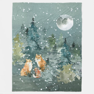 Fox Family in Forest Full Moon Snowfall Fleece Deken
