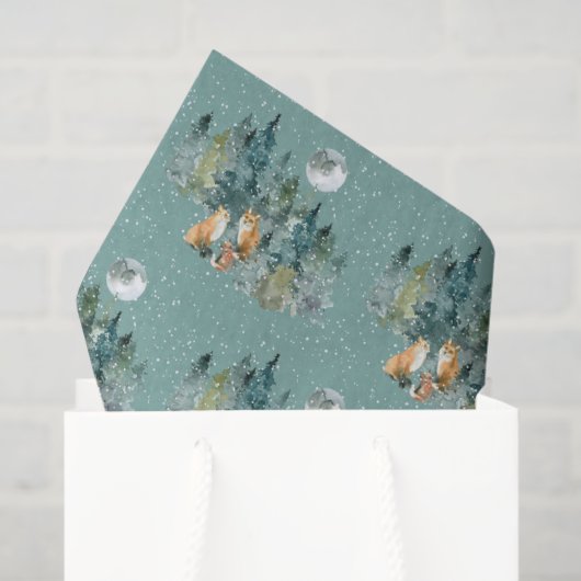 Fox Family in Forest Full Moon Snowfall Kerstmis Tissuepapier (Cadeauzakje)
