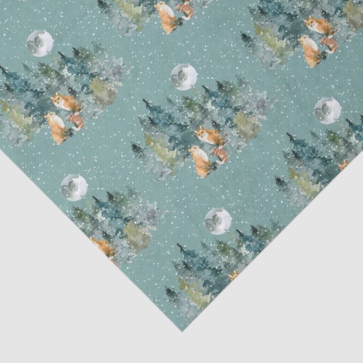 Fox Family in Forest Full Moon Snowfall Kerstmis Tissuepapier (Detail)