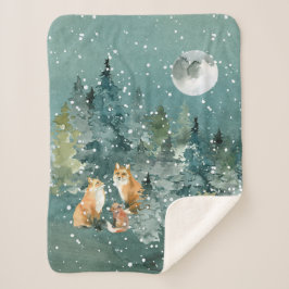 Fox Family in Forest Full Moon Snowfall Sherpa Deken