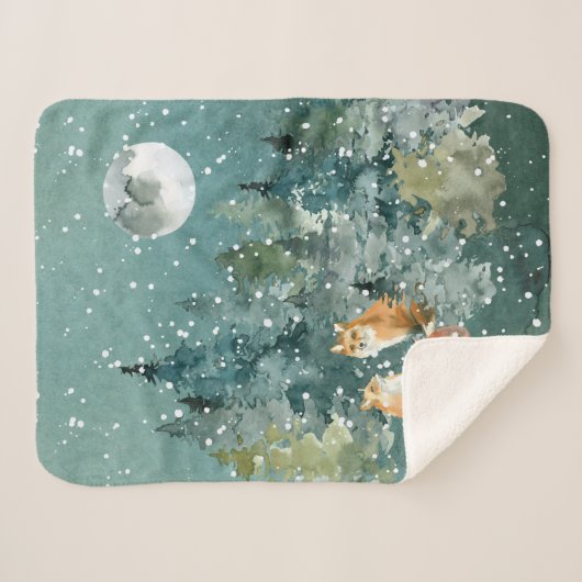 Fox Family in Forest Full Moon Snowfall Sherpa Deken (Voorkant (horizontaal))