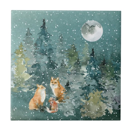 Fox Family in Forest Full Moon Snowfall Tegeltje (Voorkant)
