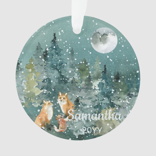 Fox Family in Forest Full Moon Snowfall Waterverf Ornament (voorkant)