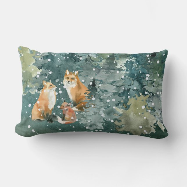 Fox Family in Forest Snowfall Kussen (Voorkant)