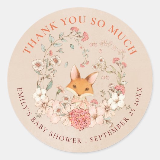  Fox Florals Dank u Peach Baby shower Ronde Sticker (Voorkant)