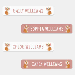 Fox Flower Crown Roze Kinder naam Waterdicht Labels