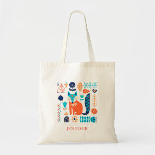 Fox Folk Art Floral Pattern - Gepersonaliseerd   N Tote Bag