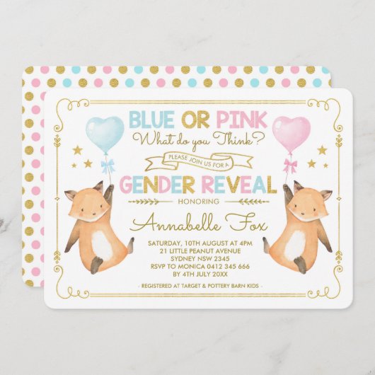 Fox Gender Reveal Baby shower Blue Pink Gold Kaart (Voorkant / Achterkant)