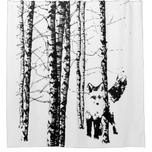Fox in Birch Forest Black Silhouette Animal Douchegordijn