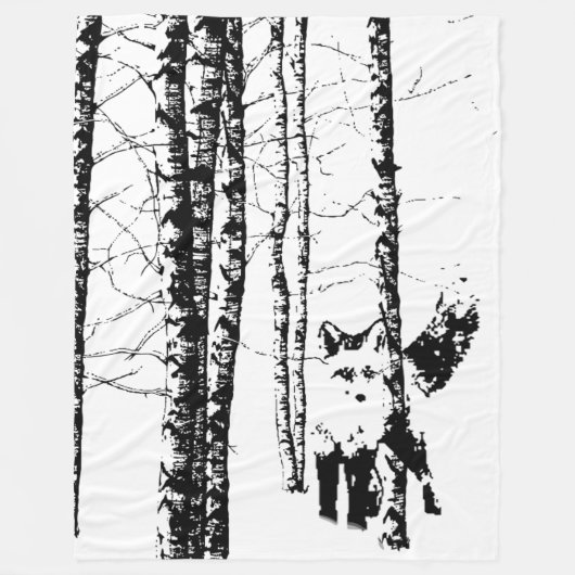 Fox in Birch Tree Forest Black Silhouette Fleece Deken (Voorkant)