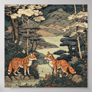 Fox in japans landschap poster