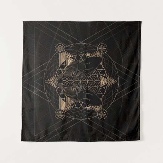 Fox in Sacred Geometry - Zwart en goud Wandkleed (Voorkant (horizontaal))