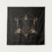 Fox in Sacred Geometry - Zwart en goud Wandkleed (Voorkant)