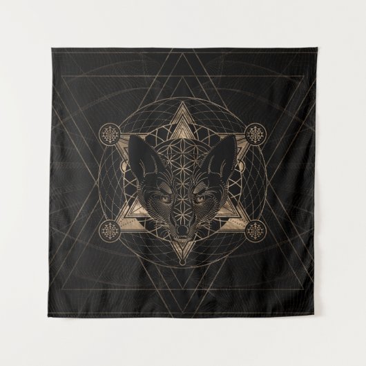 Fox in Sacred Geometry - Zwart en goud Wandkleed (Voorkant)