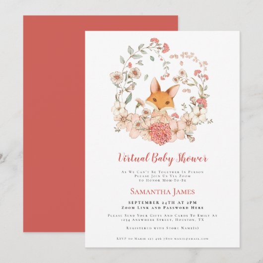 Fox koraal Foliage Virtual Baby shower Kaart (Voorkant / Achterkant)