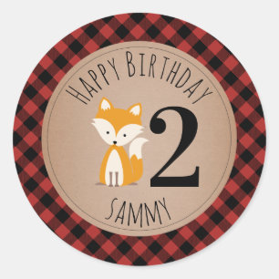 Fox Lumberjack Plaid Baby Birthday Ronde Sticker