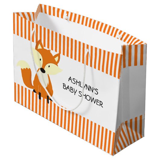 Fox met Baby shower van Oranje en witte strepen Groot Cadeauzakje (Achterkant Gekanteld)