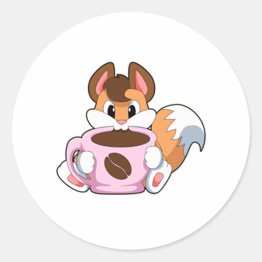 Fox met beker koffie ronde sticker (Voorkant)