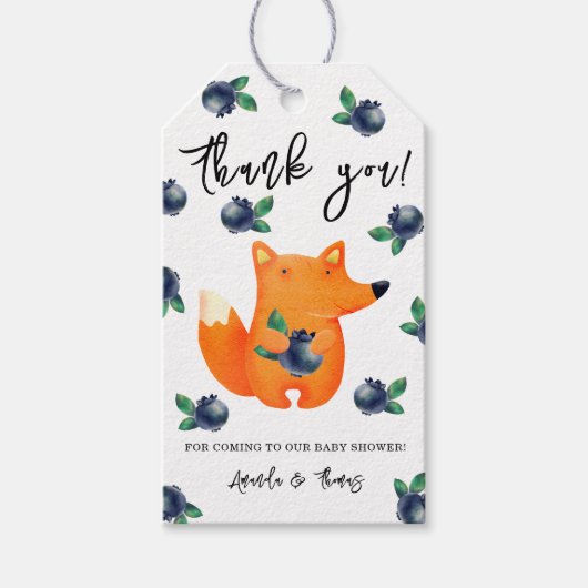 Fox met bosbessen - dank u baby shower cadeaulabel (Voorkant)