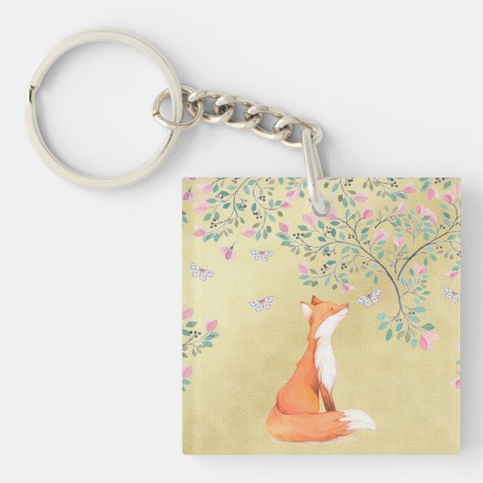 Fox met Butterflies en Roze bloemen Sleutelhanger (voorkant)