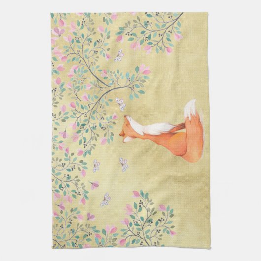 Fox met Butterflies en Roze bloemen Theedoek (Verticaal)