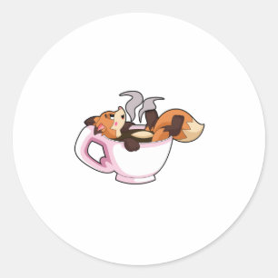 Fox met koffiebeker ronde sticker