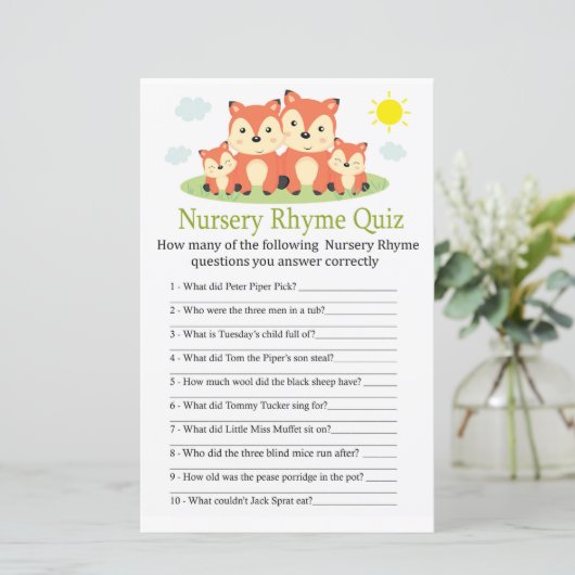 Fox Nursery Rhyme Quiz baby shower game (Staand voorkant)