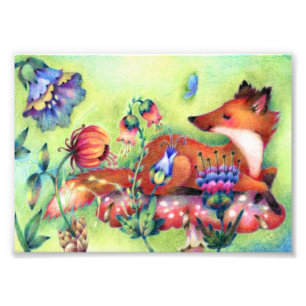 Fox op een paddenstoel - Cute Animal Art Foto Afdruk