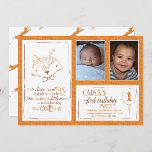 Fox Orange White 1er anniversaire Photo Invitation (Devant / Derrière)