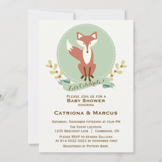 Fox Portrait Floral Baby shower Invitation (Devant)