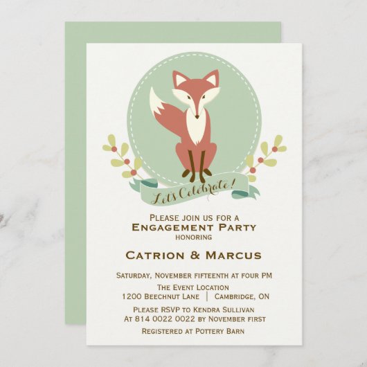 Fox Portrait Floral Engagement Party Invitation (Devant / Derrière)
