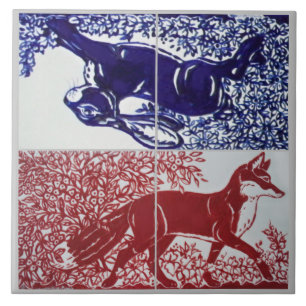 Fox, Rabbit Floral Navy Blue Red Drawing Ceramic Tegeltje