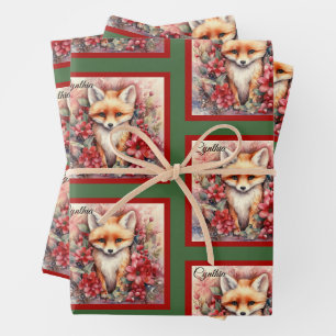Fox Schattige Christmas Naam toevoegen Floral Inpakpapier Vel