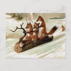 Fox Sleigh Ride Vintage Print Briefkaart