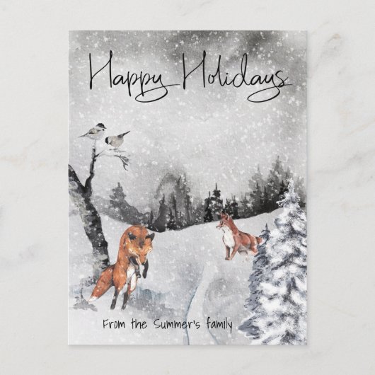 Fox Sneeuw Winterlandschap Waterverf Vakantie Briefkaart (Voorkant)