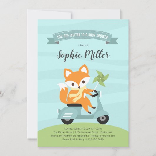 Fox sur Scooter Baby shower Invitation (Devant)