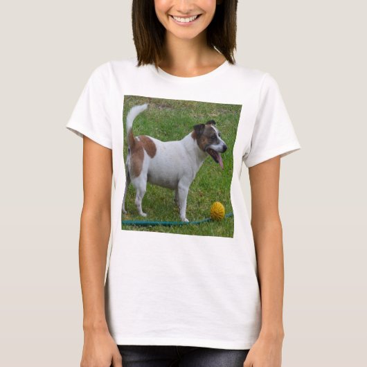 Fox Terrier met zijn gele bal, dames T-shirt (Voorkant)