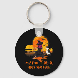 Fox Terrier Rijdt Schotshot Heks en Hond Halloween Sleutelhanger